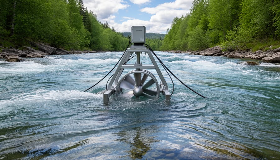 Hydrokinetic river current turbine installed in a flowing river