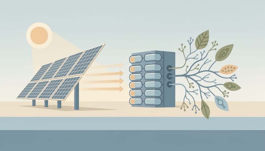 Low-angle view of solar panels on a rooftop with natural stone and plants in the foreground during golden hour.
