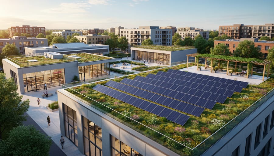An Australian school or commercial building with an eco hybrid roof visible, showing green vegetation and solar panels.