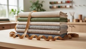 "Close-up of eco-friendly fabric bolts and rolls on a light wooden workbench with a measuring tape, suggesting sustainable textile production for crafting in Australia."