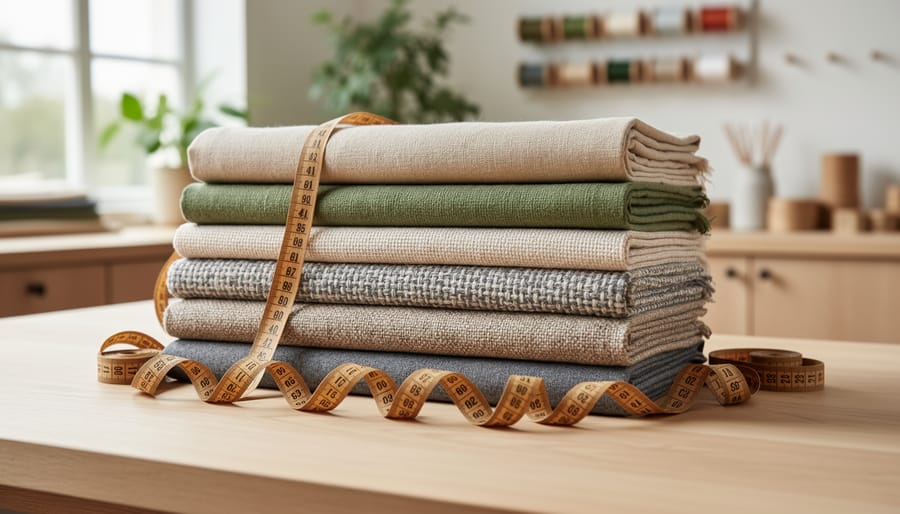 "Close-up of eco-friendly fabric bolts and rolls on a light wooden workbench with a measuring tape, suggesting sustainable textile production for crafting in Australia."