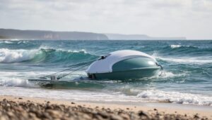 Floating wave energy buoy and tethered power unit anchored offshore with large ocean swells and a distant Australian coastline under an overcast sky.