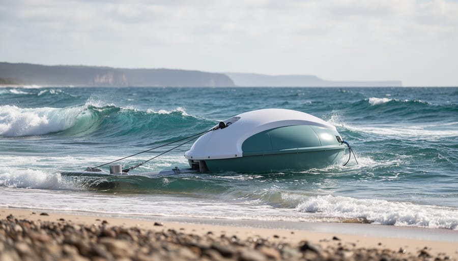 Floating wave energy buoy and tethered power unit anchored offshore with large ocean swells and a distant Australian coastline under an overcast sky.