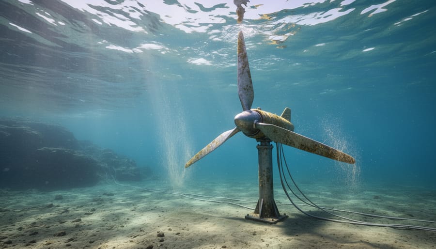 Underwater view of a tidal stream turbine rotor in clear coastal water
