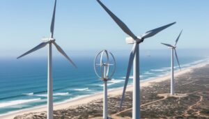 Wind turbines along Western Australia’s coast, including large three-bladed horizontal-axis turbines, a smaller vertical-axis unit, and a distant offshore floating turbine in view.
