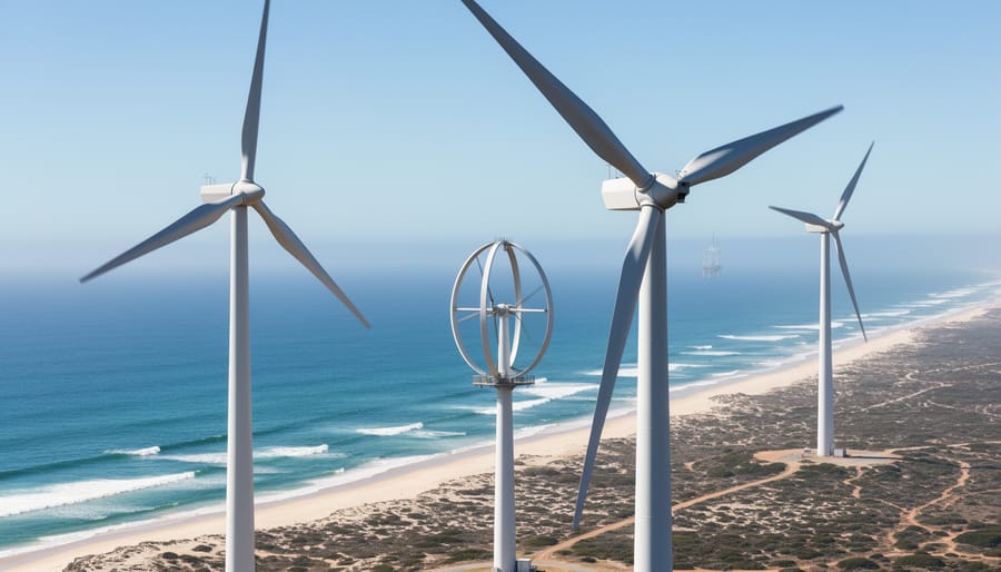 Wind turbines along Western Australia’s coast, including large three-bladed horizontal-axis turbines, a smaller vertical-axis unit, and a distant offshore floating turbine in view.
