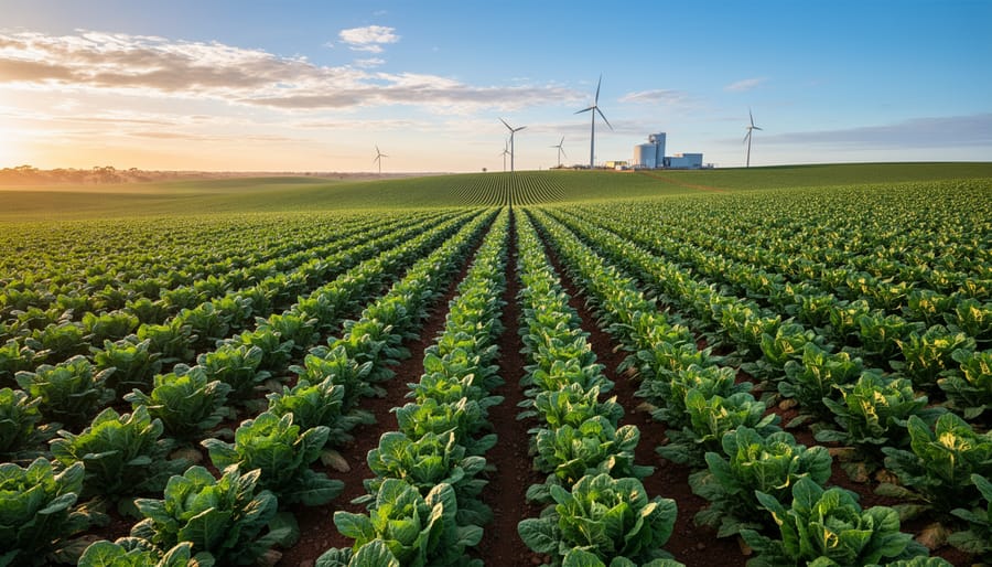 Green agricultural crop rows under golden hour sunlight in an Australian landscape.