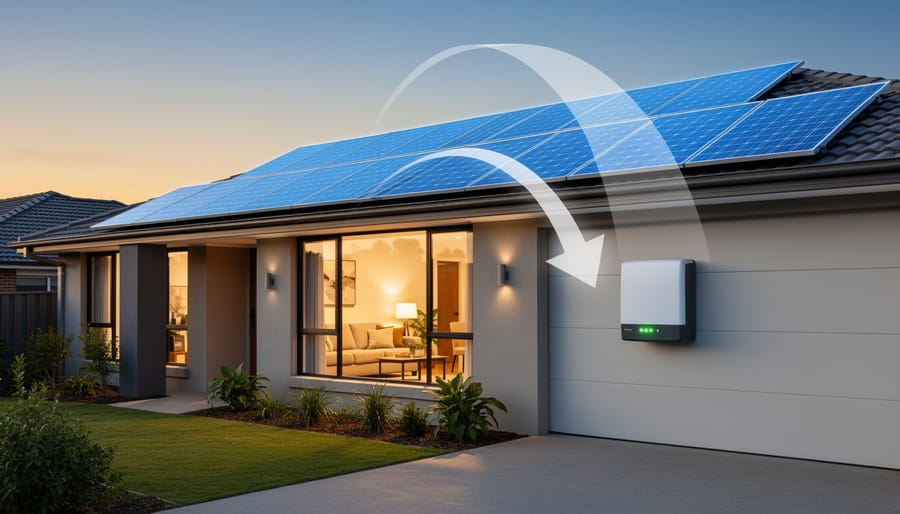 Dusk photo of rooftop solar panels and a wall-mounted home battery unit with warm lights inside the house.