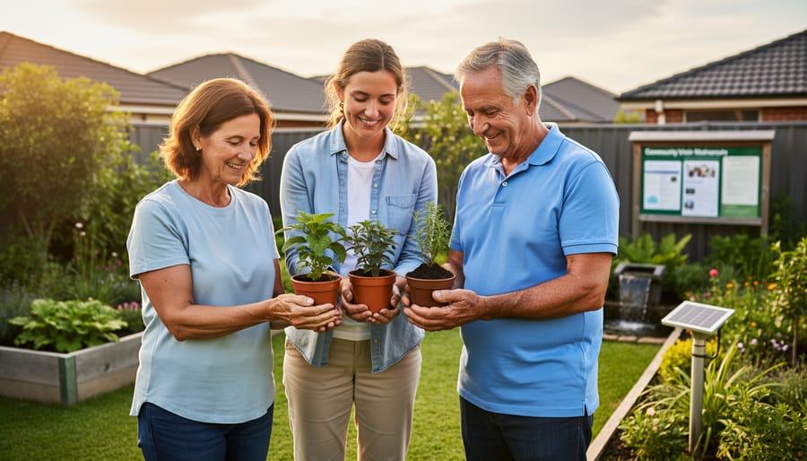 Three neighbors in an Australian backyard garden sharing composting and gardening progress with a solar element visible in the background.
