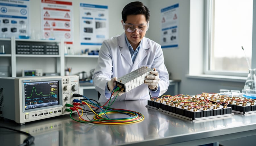 Gloved hands placing a small battery module into a lab test setup on a research bench.