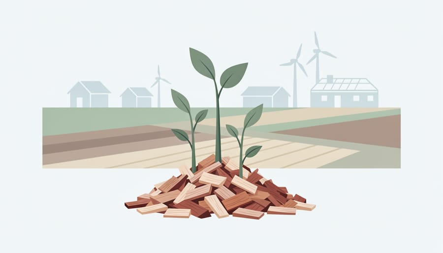 Fresh wood chips and green growth in a rural landscape symbolizing bioenergy potential and workforce training.