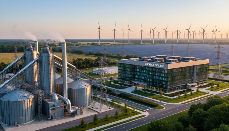 Biomass energy facility with wood pellets feeding into a heating unit and visible steam plume.