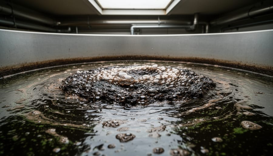 Macro view of dark bubbling slurry inside a stainless-steel anaerobic digester tank.