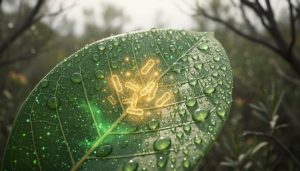 Close-up of a sunlit green leaf with glowing inner energy cues representing how cells harvest energy for cellular functions.