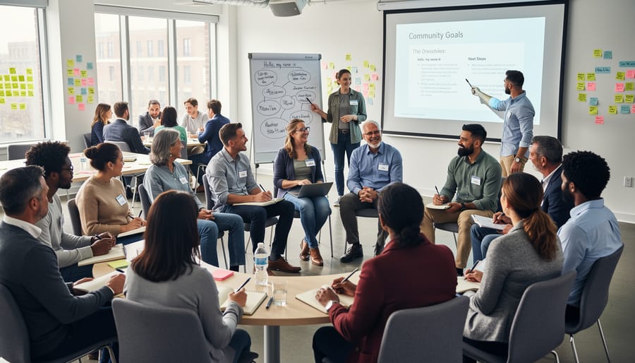 Diverse community members attending an energy project consultation in a community hall, with notebooks and discussion taking place.
