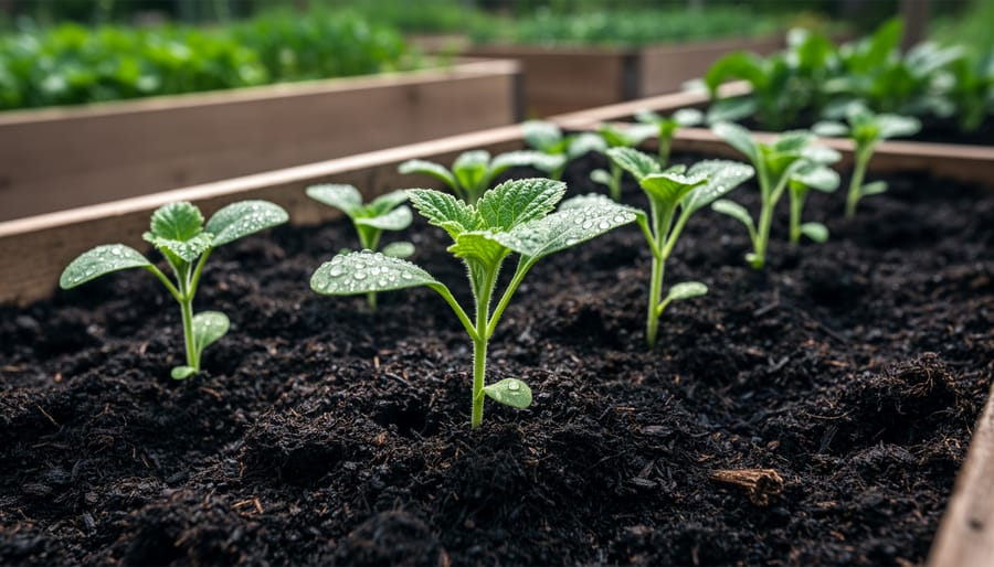 Close-up of dark compost and young seedlings in a community garden bed with gardeners softly blurred in the background.