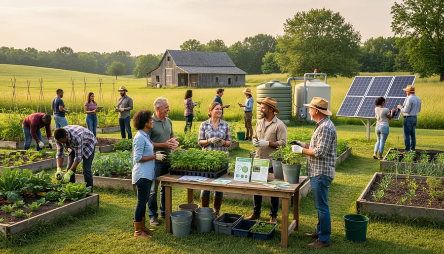 People gathered in a circle on an Australian farm paddock, holding sustainability-related items and discussing community goals.