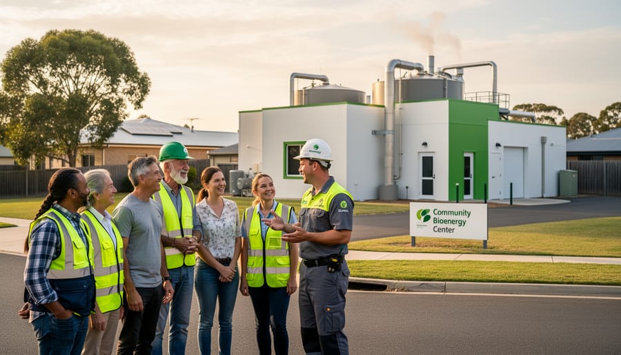Community members in high-visibility vests stand near a small rural bioenergy facility at golden hour.