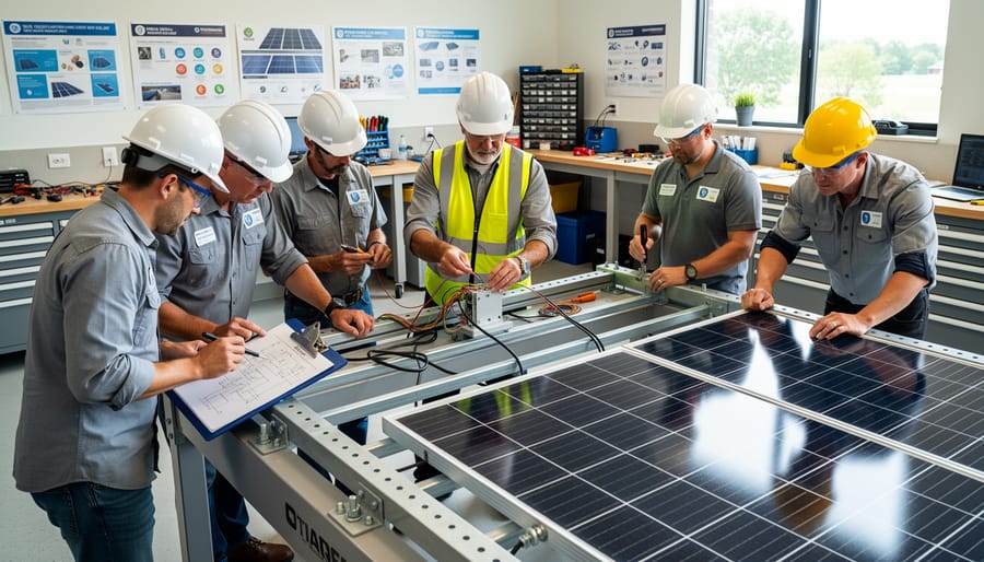 A group of trainees in safety gear gather around a solar training installation rig during a community workshop.
