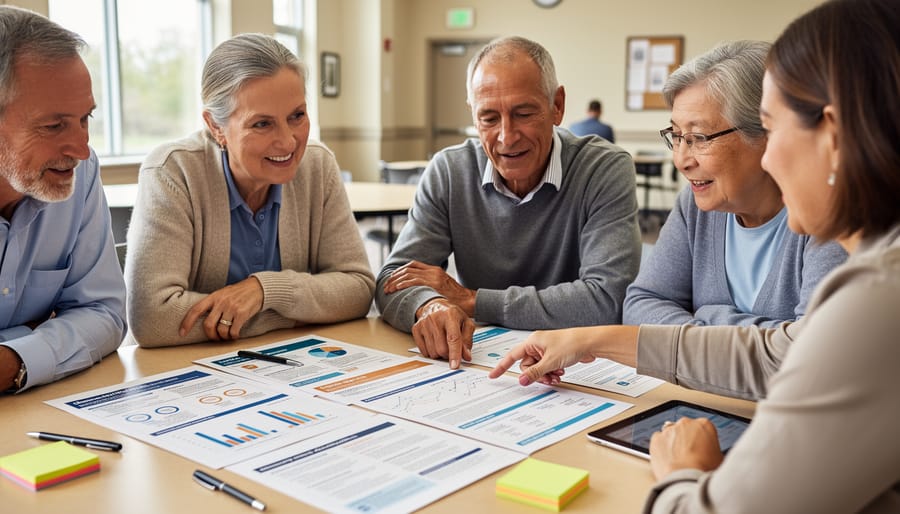 People collaborating at a table during a community workshop, reviewing materials with pens and paper.