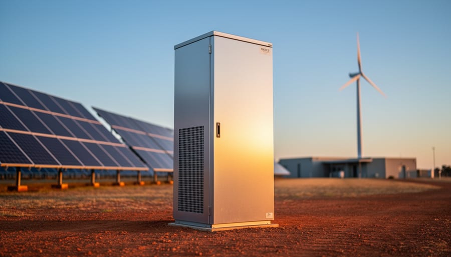 A modern battery energy storage unit next to solar panels with a wind turbine in the background, illustrating renewable power storage research.