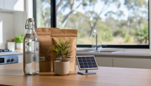 Sunlit Australian kitchen tabletop with reusable items, paper packaging, a potted native plant, and a small solar panel model, symbolizing everyday green consumption.