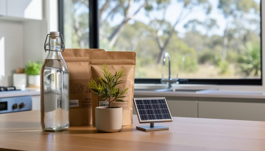 Sunlit Australian kitchen tabletop with reusable items, paper packaging, a potted native plant, and a small solar panel model, symbolizing everyday green consumption.
