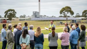 Diverse group of community members and a renewable project representative meeting outdoors near an Australian bioenergy facility, emphasizing engagement and relationship-building.