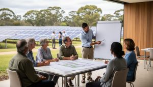 Residents and local government representatives meet outdoors near solar panels to collaborate on renewable energy planning.