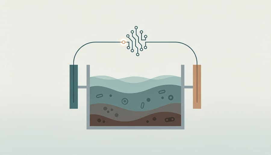 Close-up still life of an electrode-like surface with faint biofilm next to wastewater in a clean lab setting.