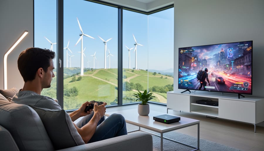 Person holding a smartphone near a window with wind turbines visible in the blurred background.