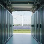 Clean server room connected to renewable energy, with solar panels and wind turbines visible in the background to represent sustainable digital gaming power.
