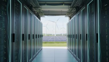 Clean server room connected to renewable energy, with solar panels and wind turbines visible in the background to represent sustainable digital gaming power.