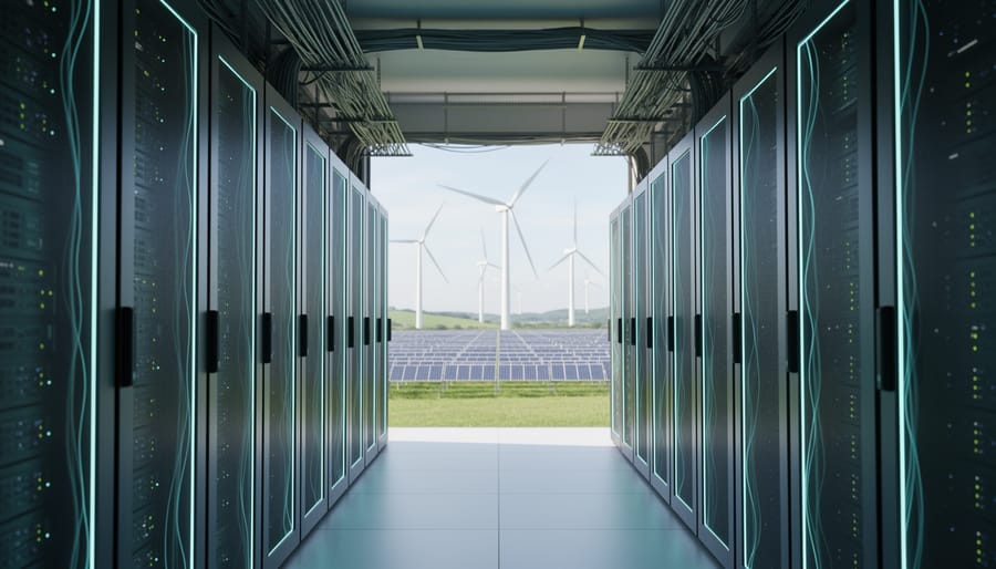 Clean server room connected to renewable energy, with solar panels and wind turbines visible in the background to represent sustainable digital gaming power.