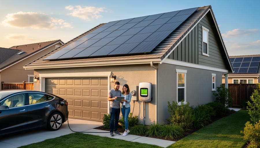 Rooftop solar panels on a modern home under an overcast sky