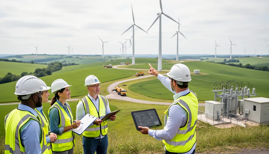 Wind turbine standing over rural fields, suggesting local renewable energy infrastructure and workforce training.