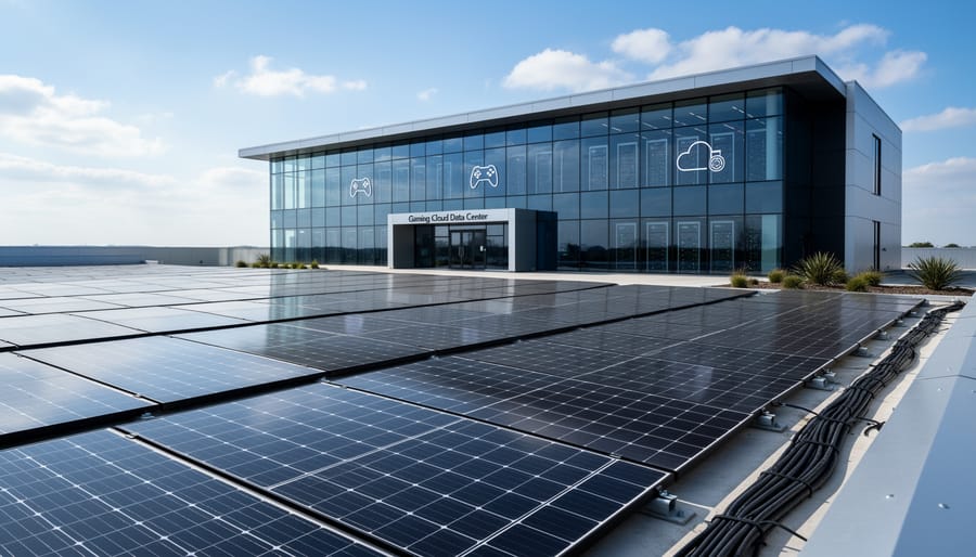 Rooftop solar panels on a modern data centre building at dusk with warm interior lighting.