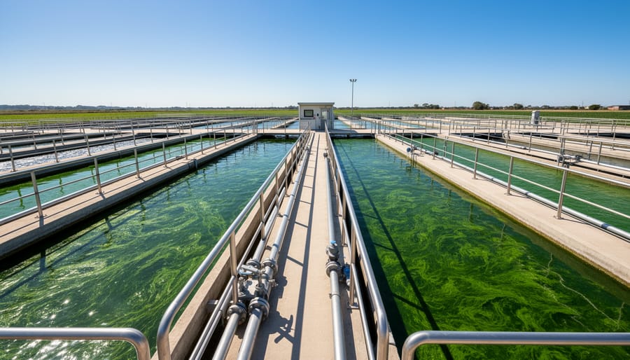 Green algae cultivation tanks under bright light with water ripples and blurred industrial equipment in the background.