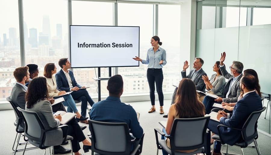 Residents attending a community meeting while a presenter speaks beside an unmarked board, with others listening attentively.