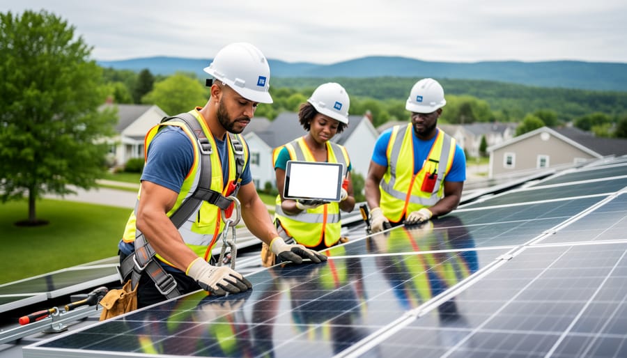 People in safety gear installing rooftop solar panels on a Vermont community building during a training session.