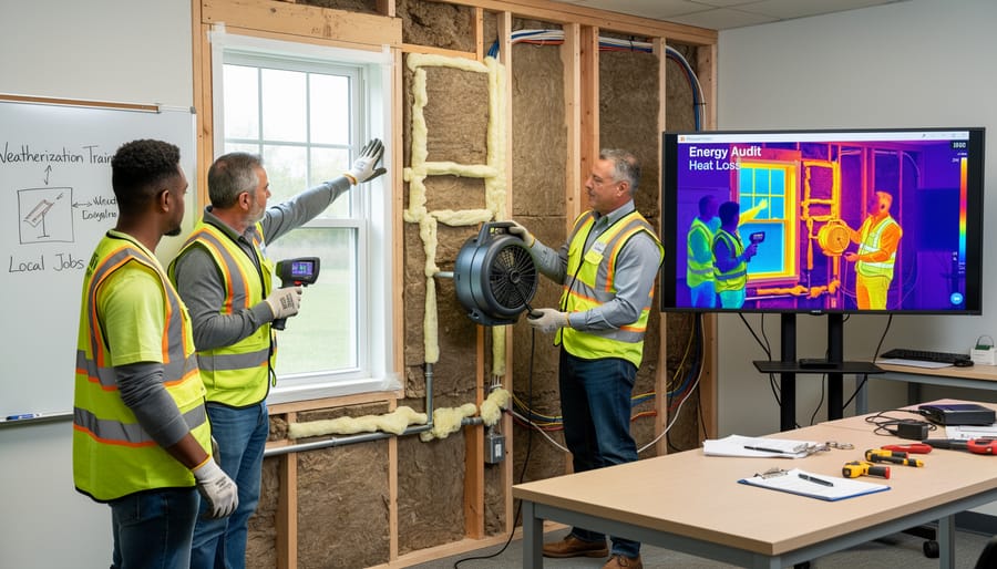 Technician inspecting insulation and tools at a weatherization training worksite on a home exterior.