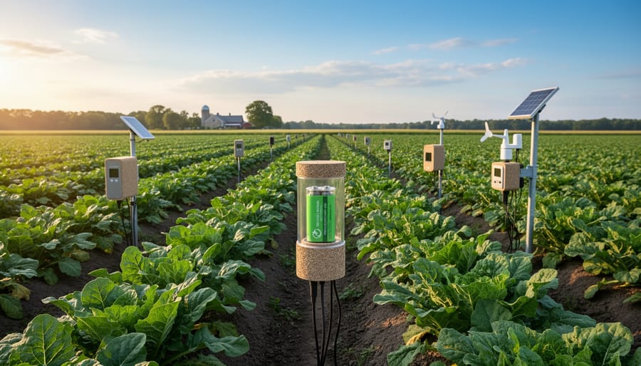 Agricultural sensor hardware near irrigation lines in a rural farm field at sunrise
