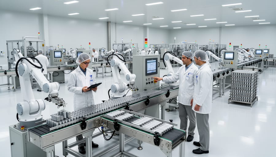 Battery cells arranged on trays inside a clean manufacturing facility with workers and equipment in the background.