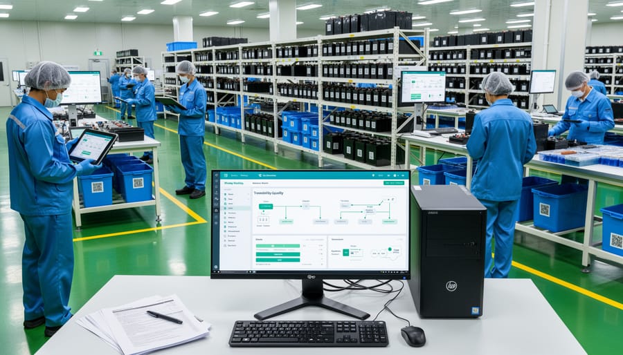 Technician in gloves inspecting a battery material sample with lab or recycling equipment blurred in the background.