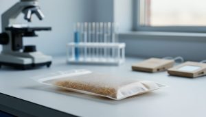 Close-up of a biodegradable battery pouch with organic fiber texture on a laboratory bench in a research setting.