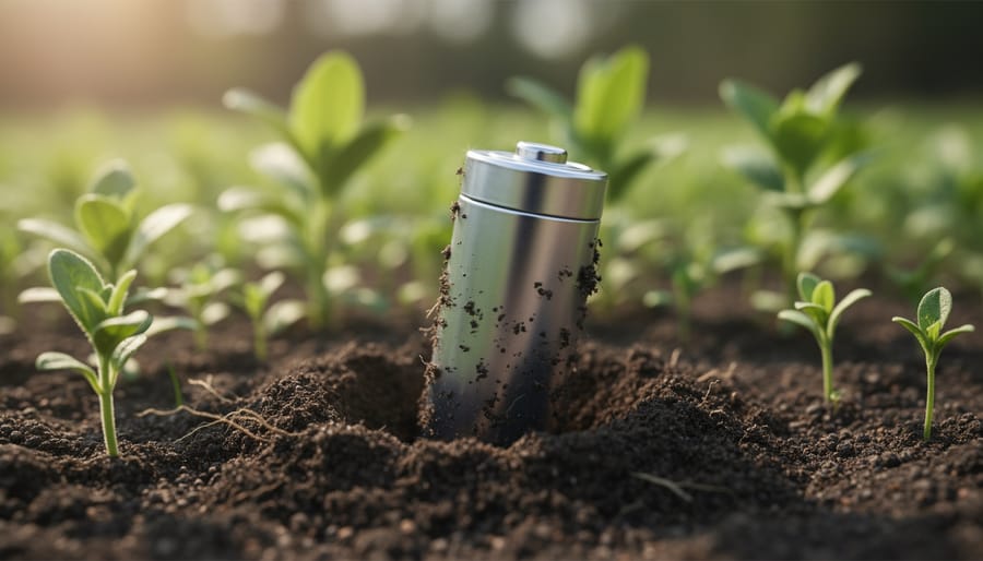 Biodegradable battery prototype resting on green moss in soft natural light