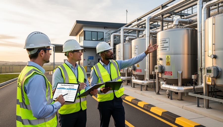 Safety inspectors wearing high-visibility gear examining stainless biofuel storage tanks