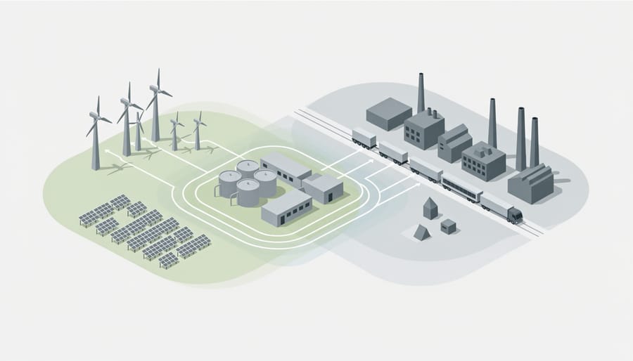 Wind turbine and solar panels near a coastal industrial facility with distant vehicles