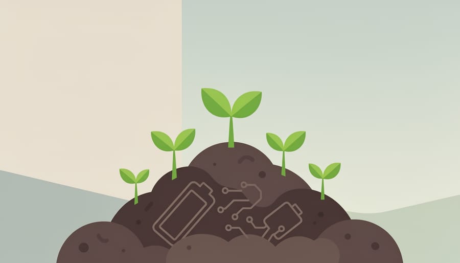Biodegradable electronics casing resting near dark compost and young seedlings