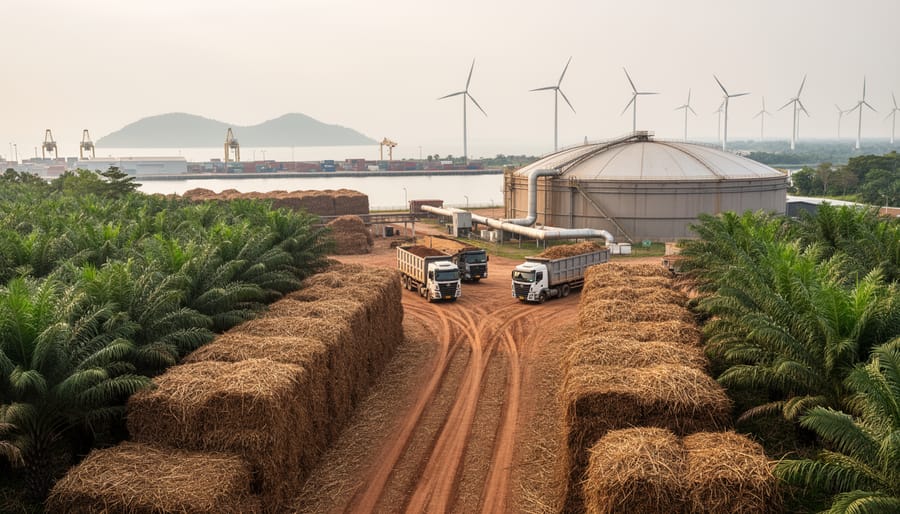 Wide view of biomass feedstocks near a biodigester and transport trucks, suggesting cross-border cooperation in renewable bioenergy supply chains.